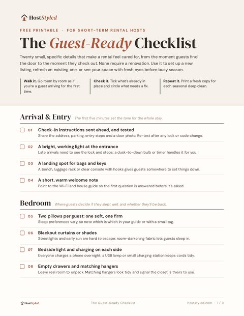 Preview of the free HostStyled Guest-Ready Checklist, page one